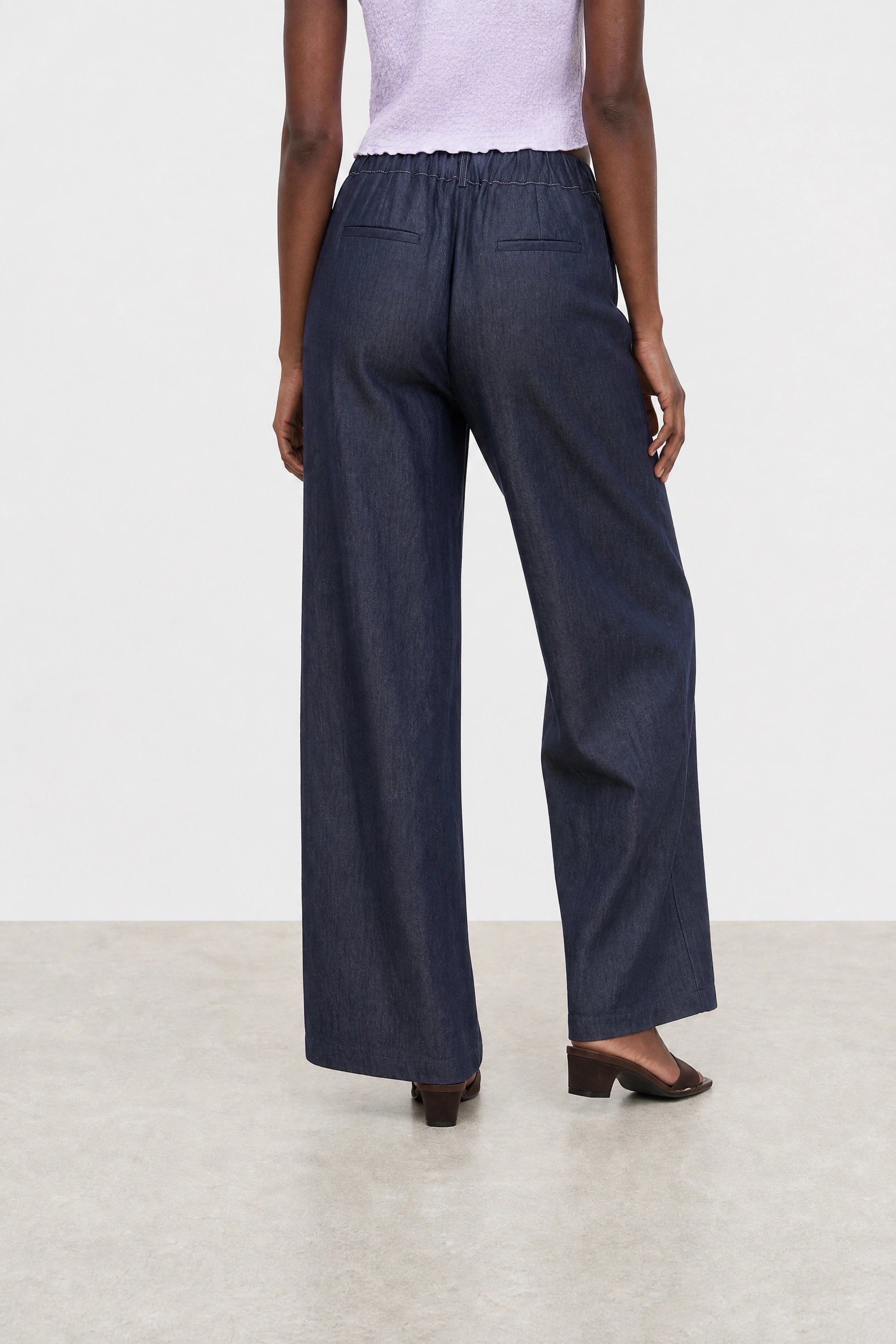 Navy blue smart denim and ivory contrast stitch trousers_2