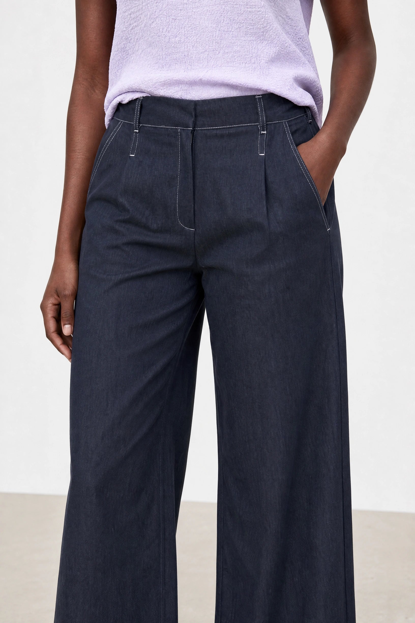 Navy blue smart denim and ivory contrast stitch trousers_3