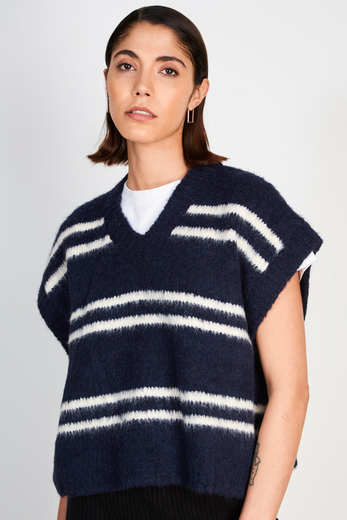 Navy blue striped wool blend sweater vest_1