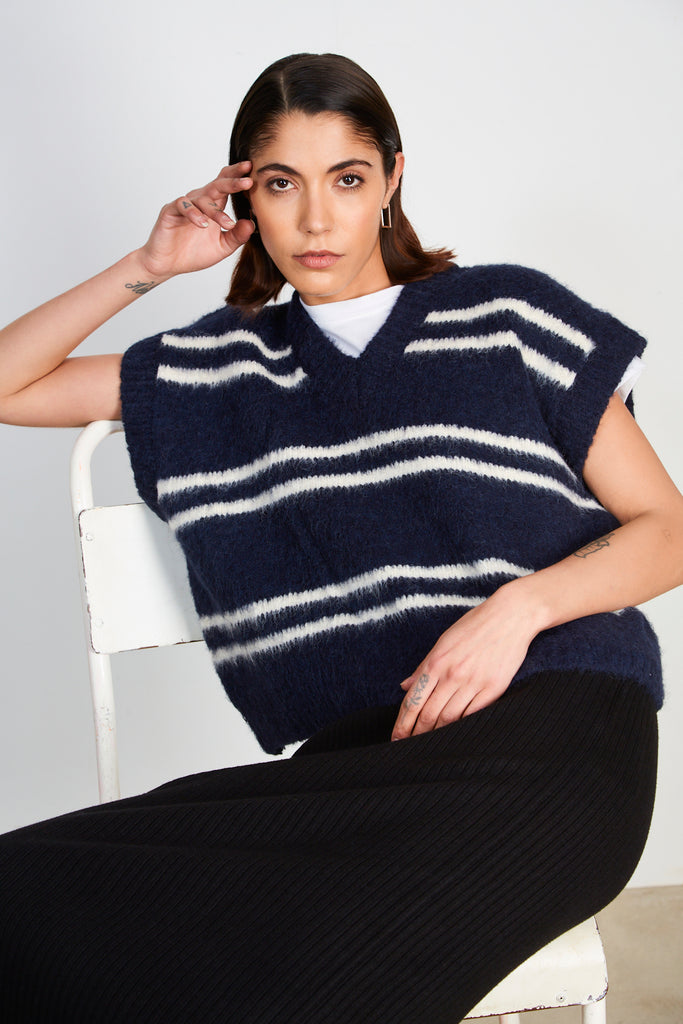 Navy blue striped wool blend sweater vest_5