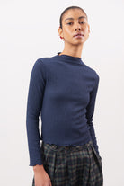 Navy blue textured mock neck top_1