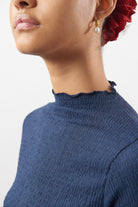 Navy blue textured mock neck top_3