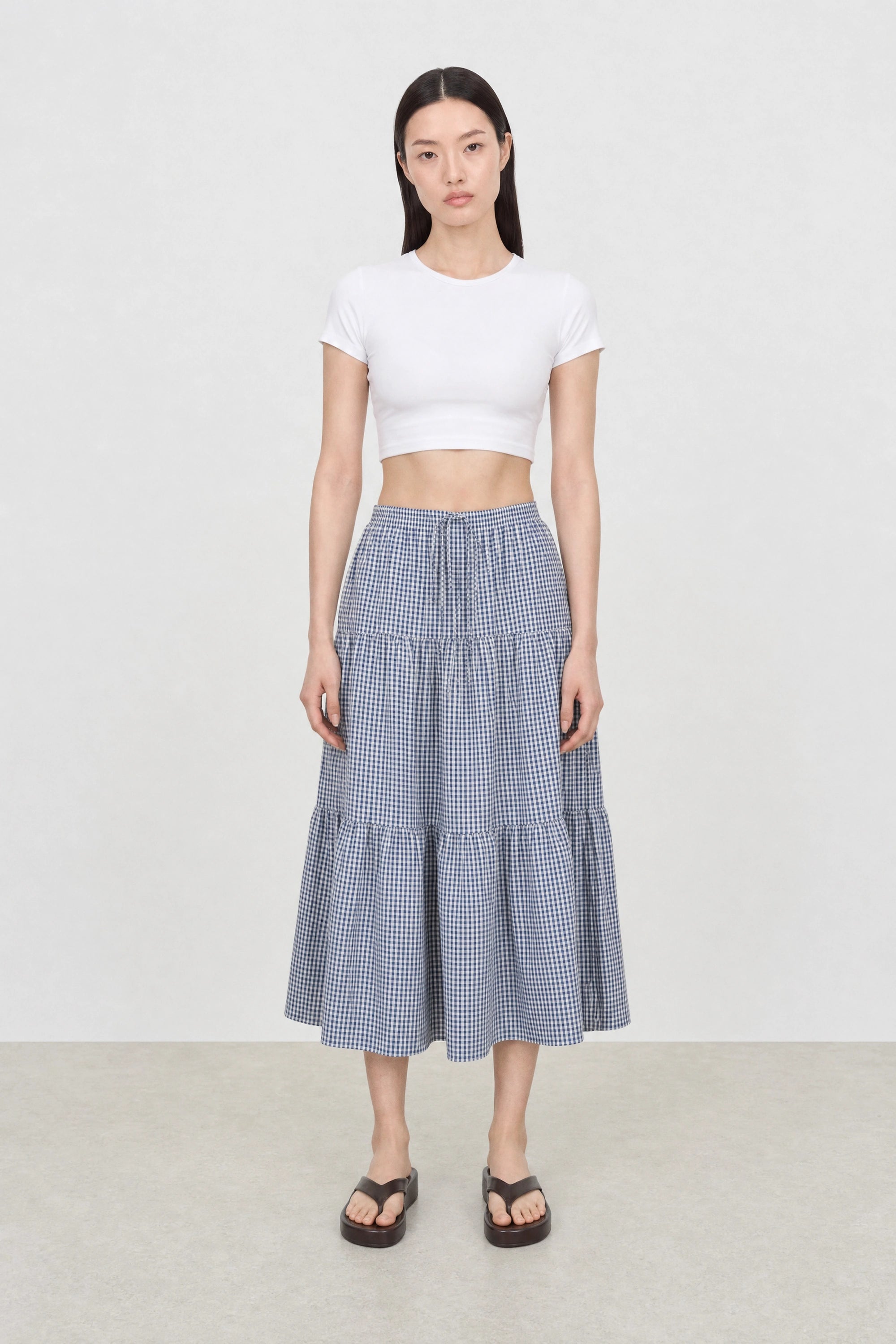 Navy blue tiny gingham checked tiered skirt_4