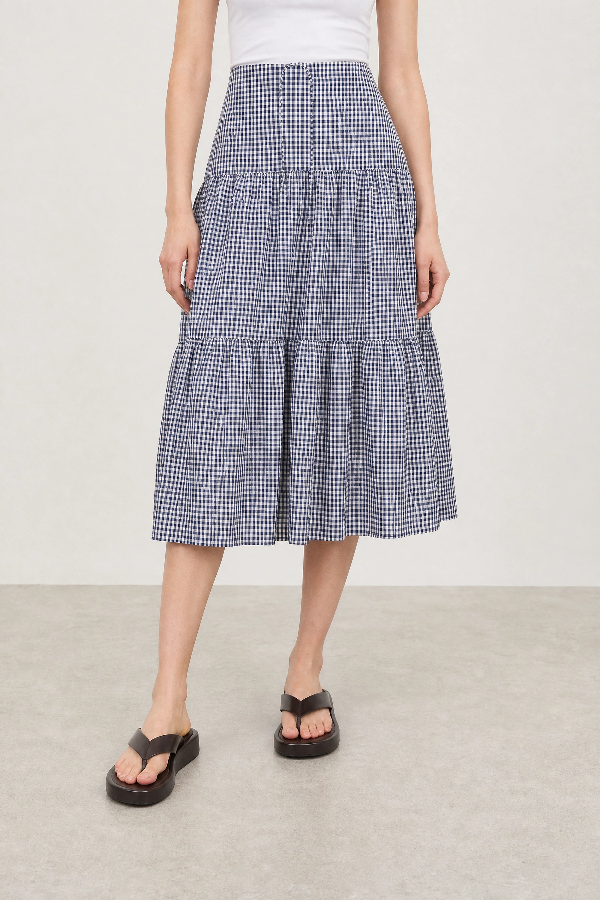 Navy blue tiny gingham checked tiered skirt_1