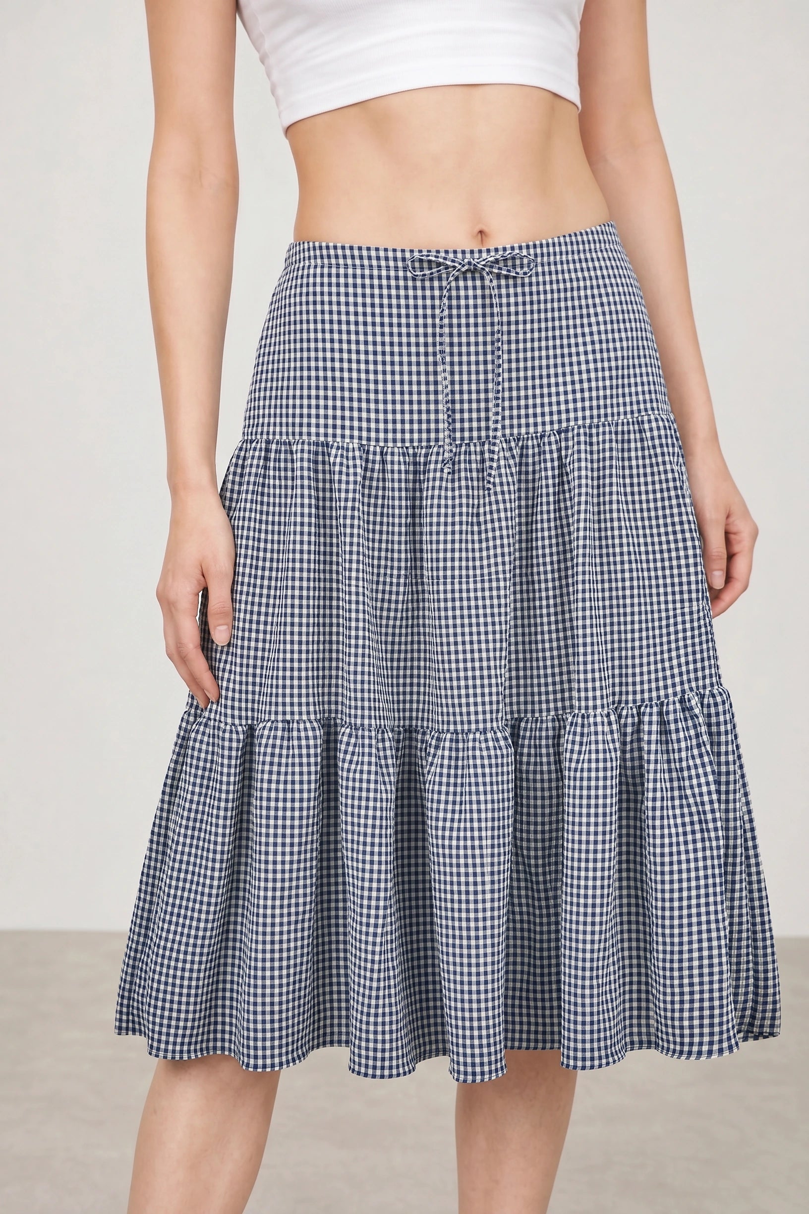 Navy blue tiny gingham checked tiered skirt_3