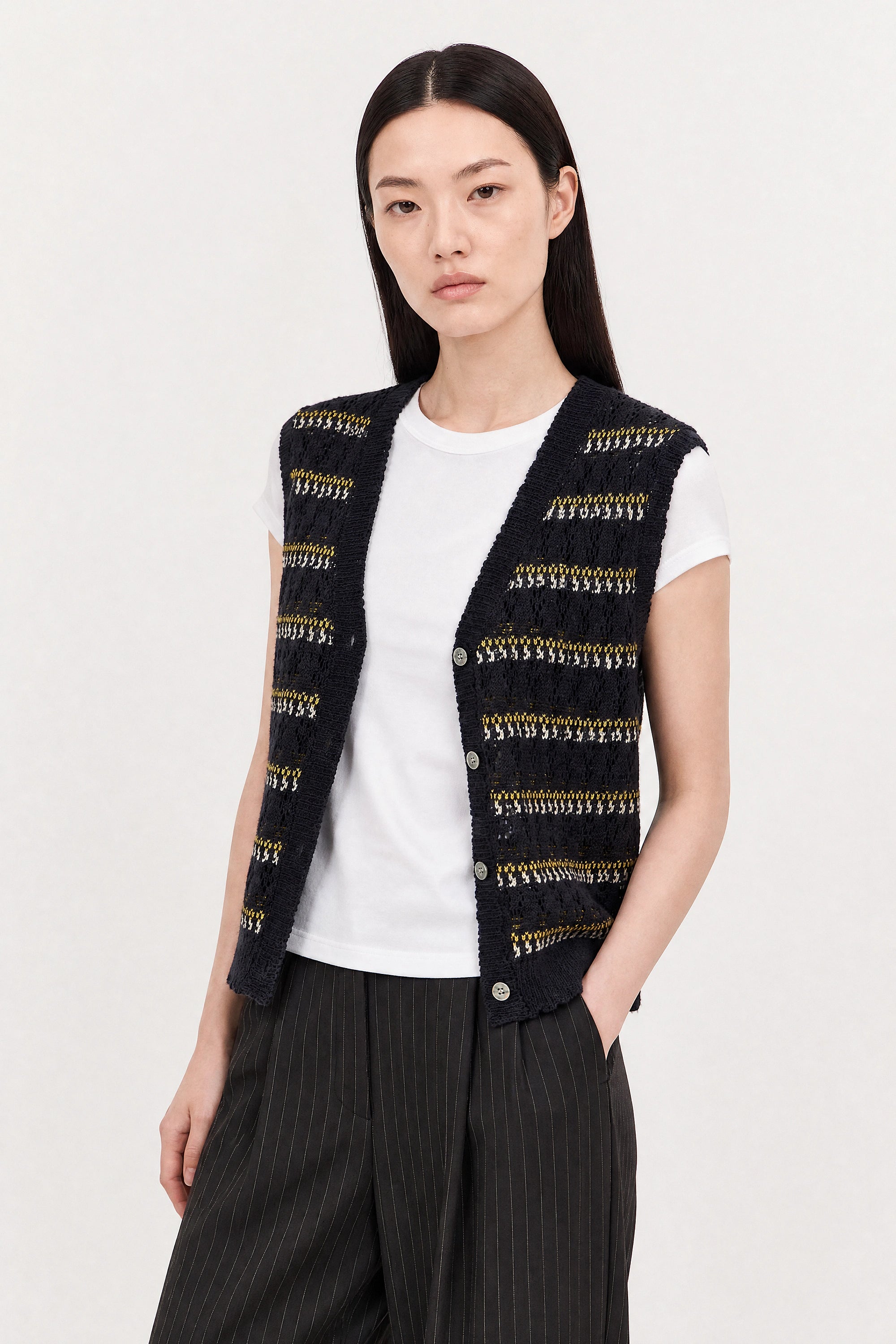 Navy blue yellow and white striped crochet button up sweater vest_2