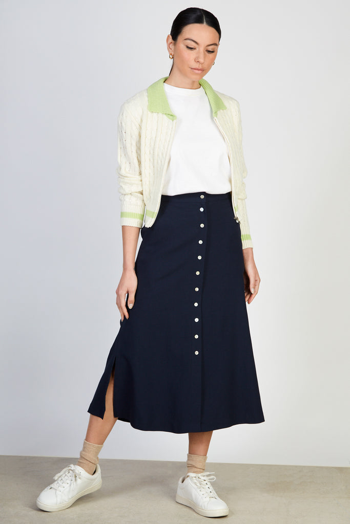 Navy linen blend button front skirt_4