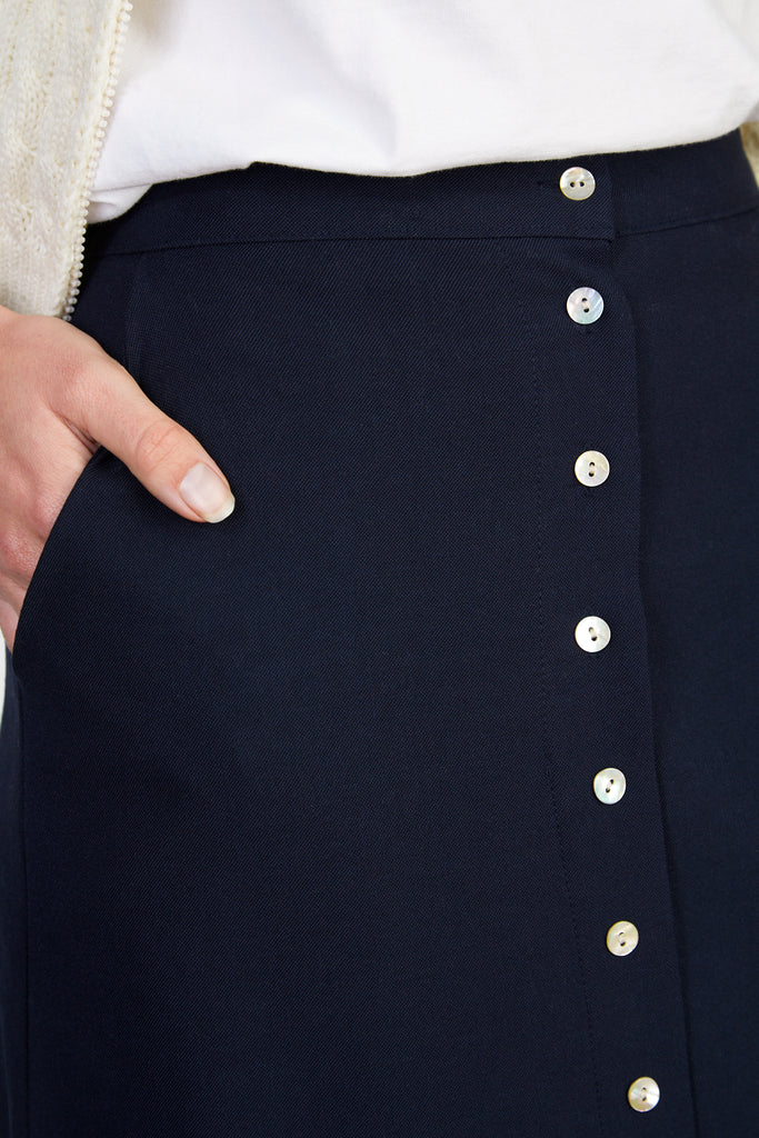 Navy linen blend button front skirt_3