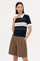 Navy blue and ivory striped contrast collar knit polo_3
