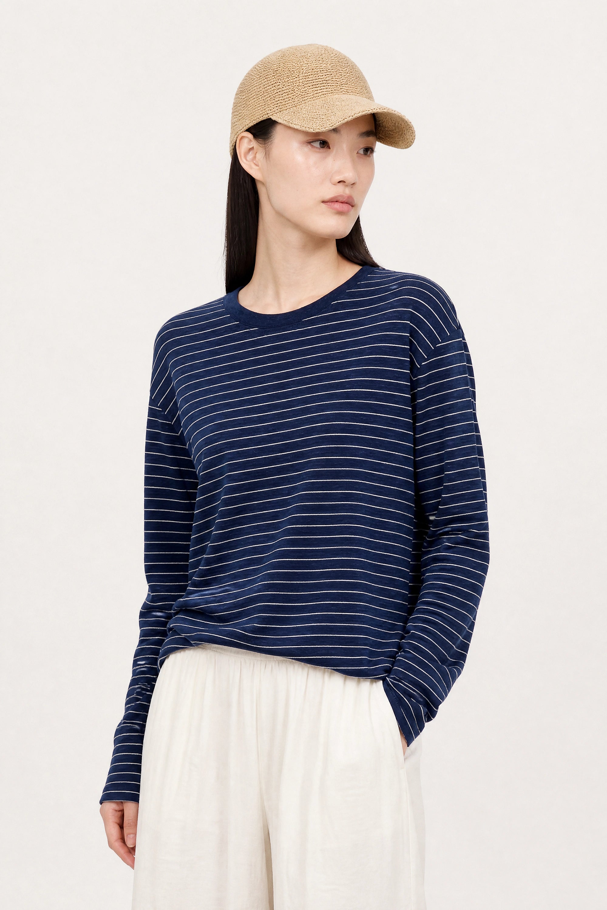 Navy blue and white thin striped linen blend long sleeved tee_1