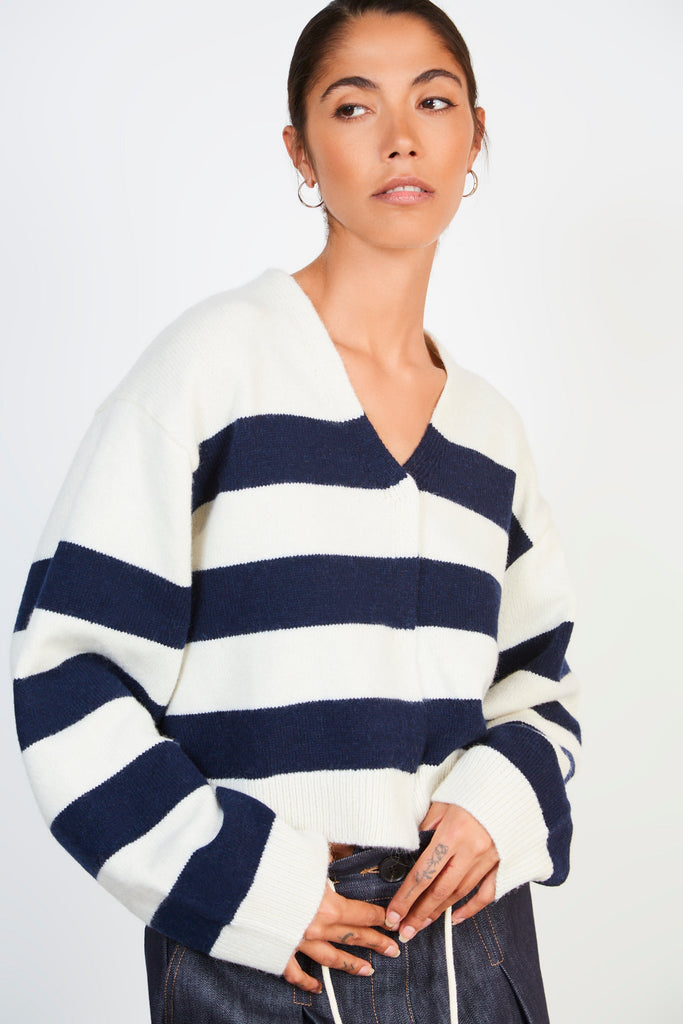 Navy and white alpaca wool blend block stripe cardigan_1