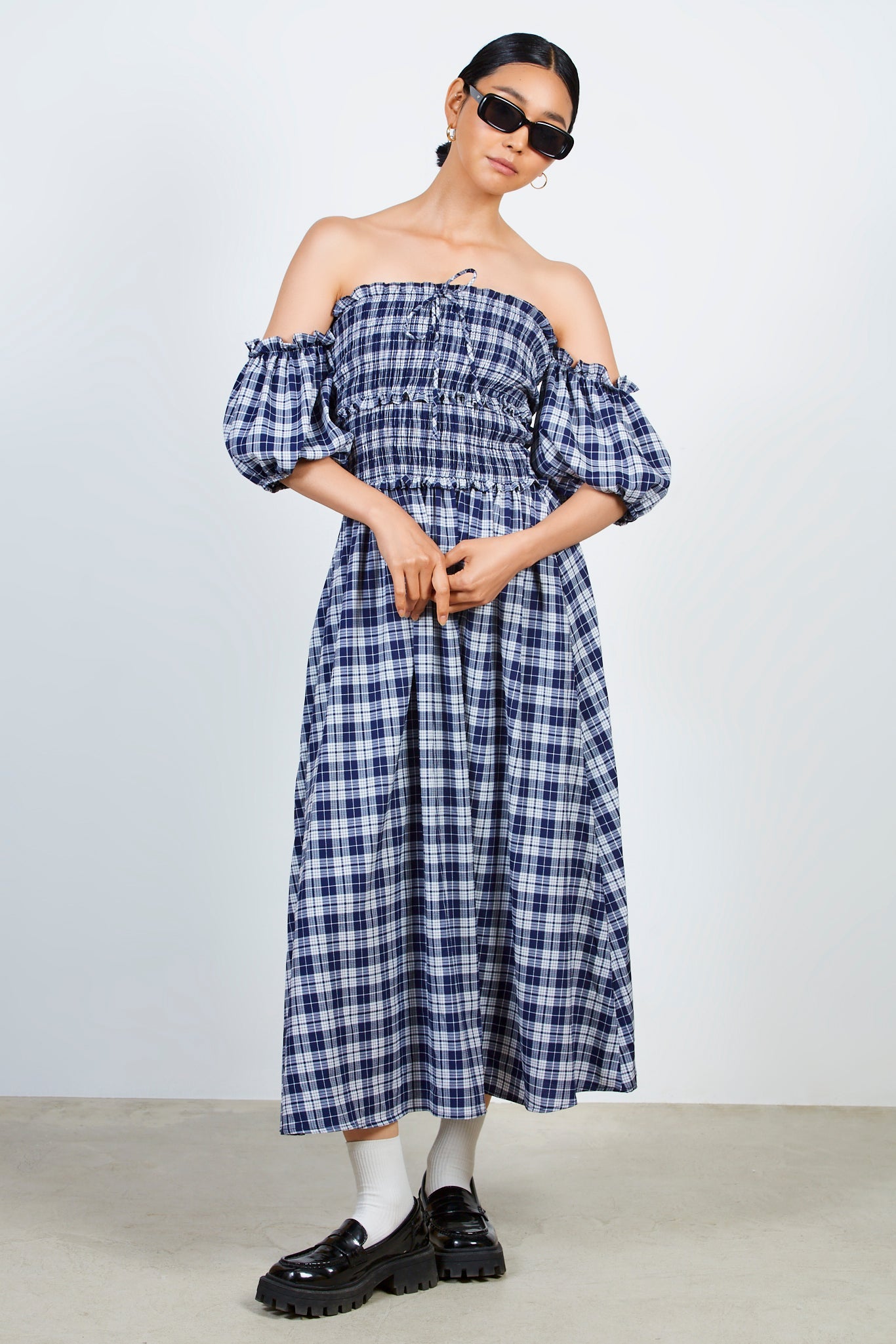 Navy and white giant check ruched bodice dress_1