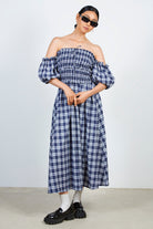 Navy and white giant check ruched bodice dress_1