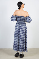 Navy and white giant check ruched bodice dress_2