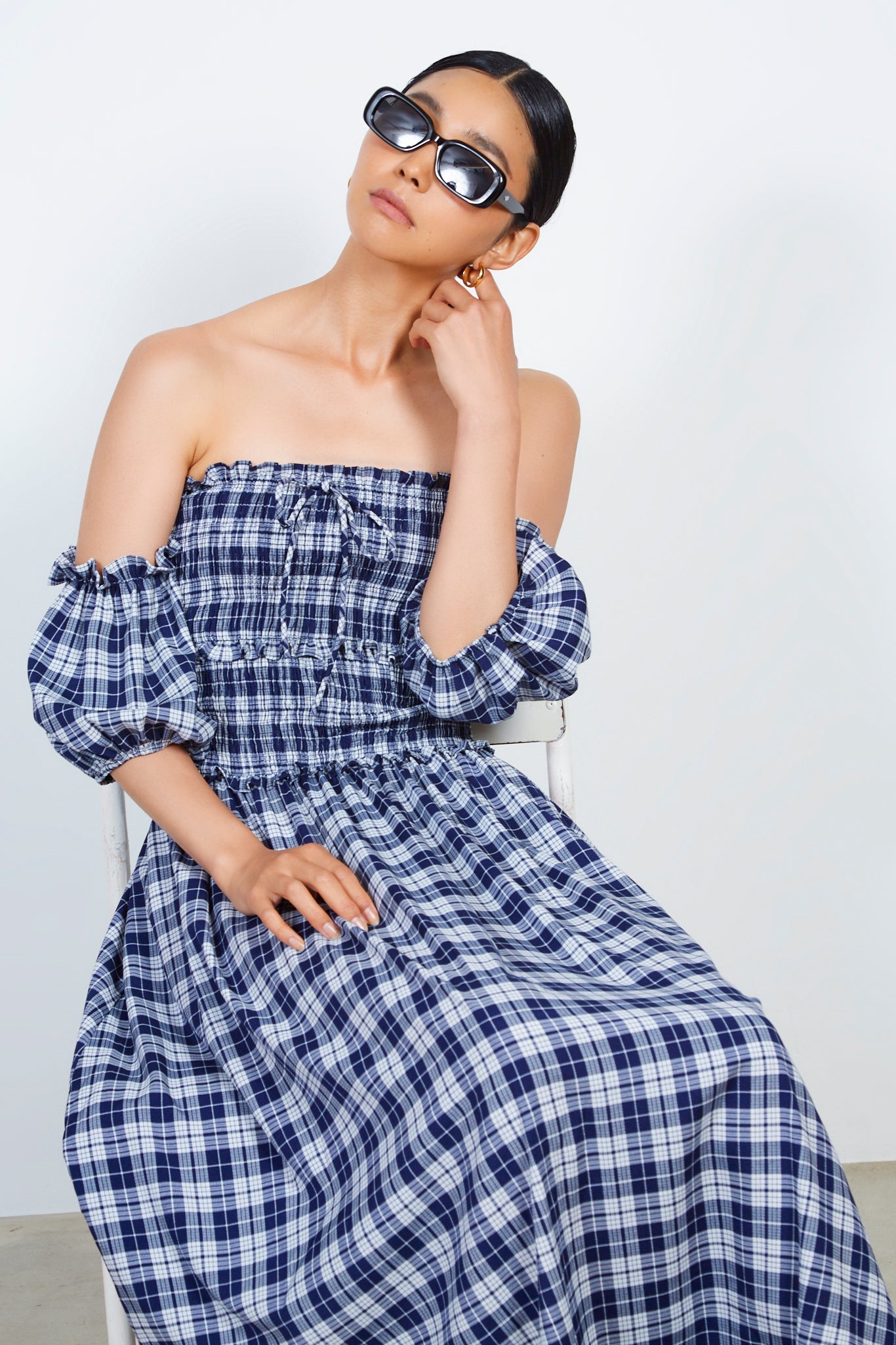 Navy and white giant check ruched bodice dress_5