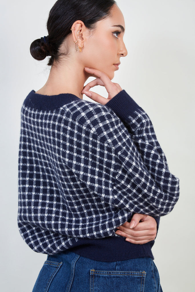 Navy and white gingham check cardigan_5