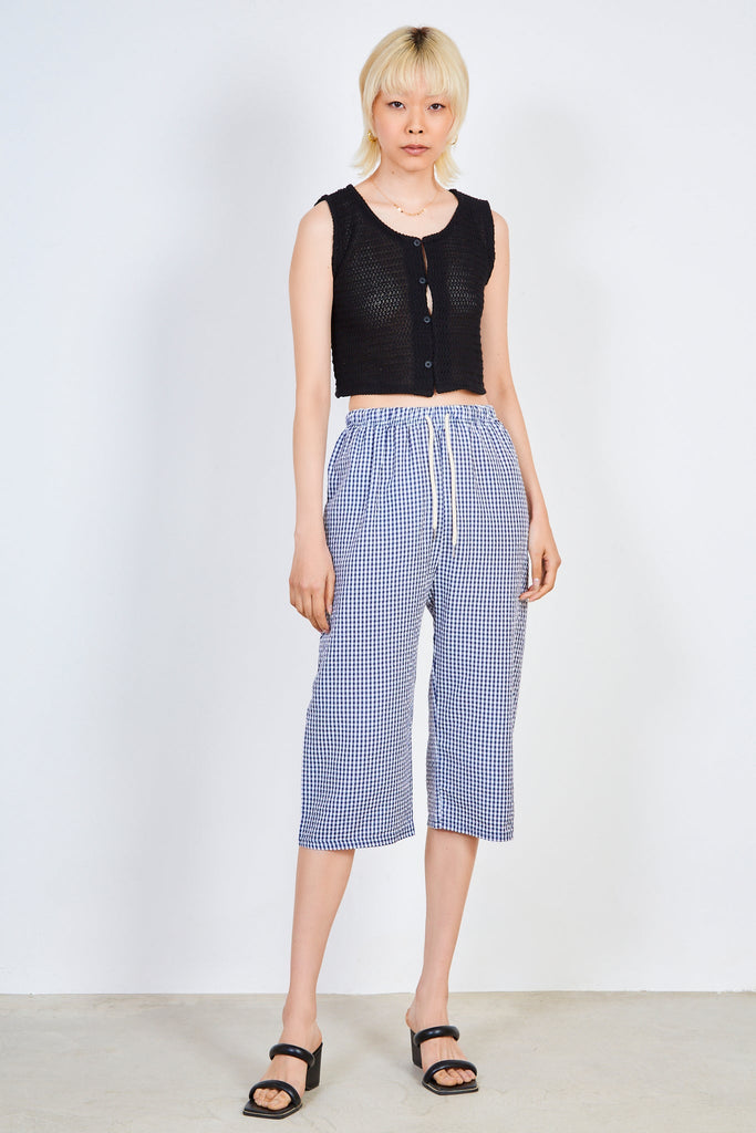 Navy and white gingham cropped trousers_3