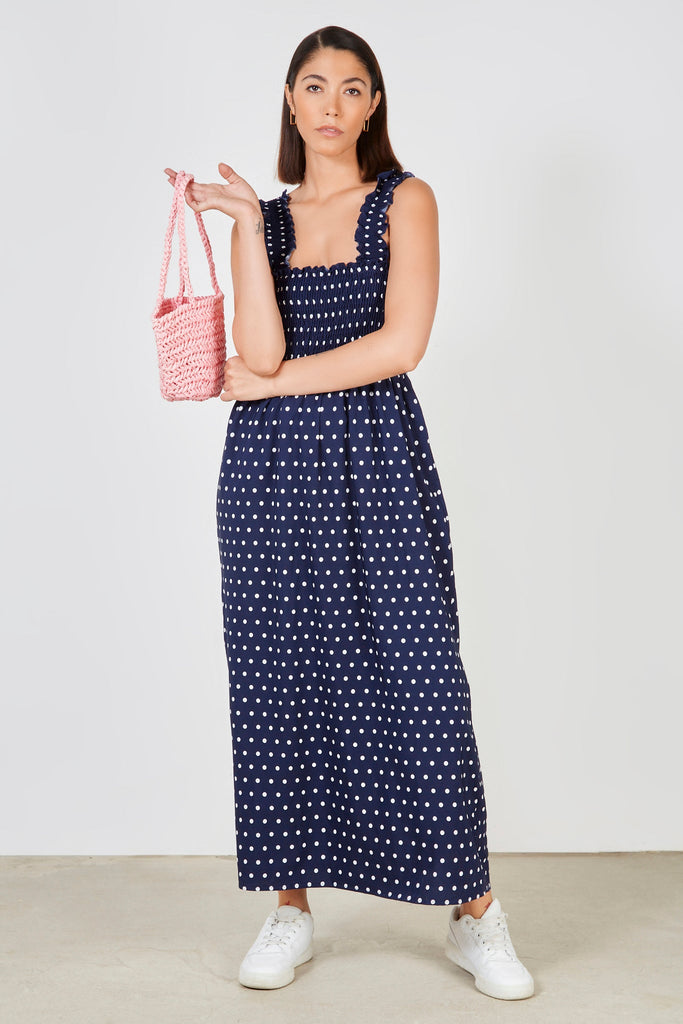 Navy blue and white polka dot ruched bodice dress_1