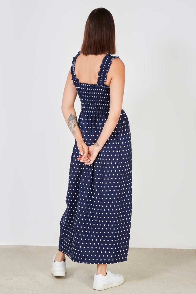 Navy blue and white polka dot ruched bodice dress_2