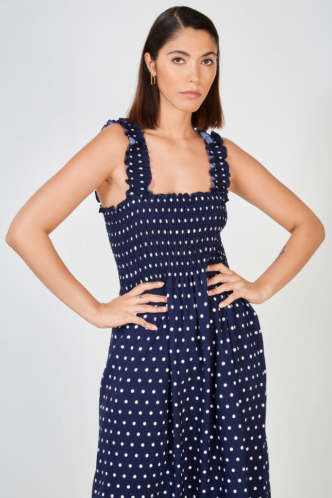 Navy blue and white polka dot ruched bodice dress_3