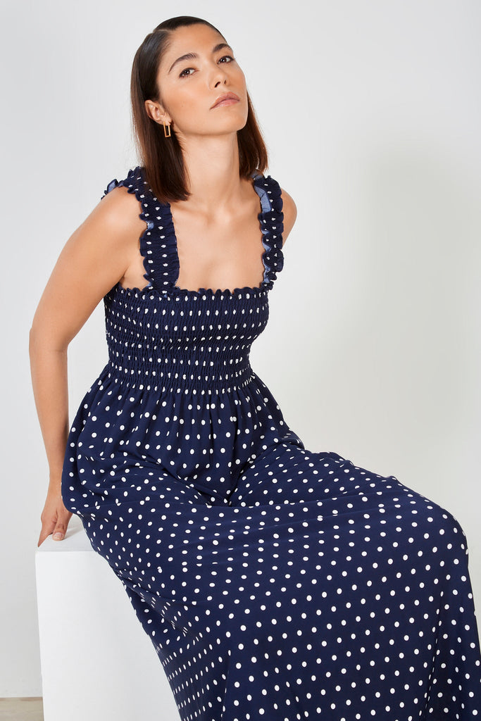 Navy blue and white polka dot ruched bodice dress_5