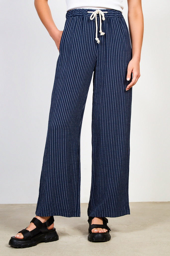 Navy blue pinstripe drawstring trousers_1