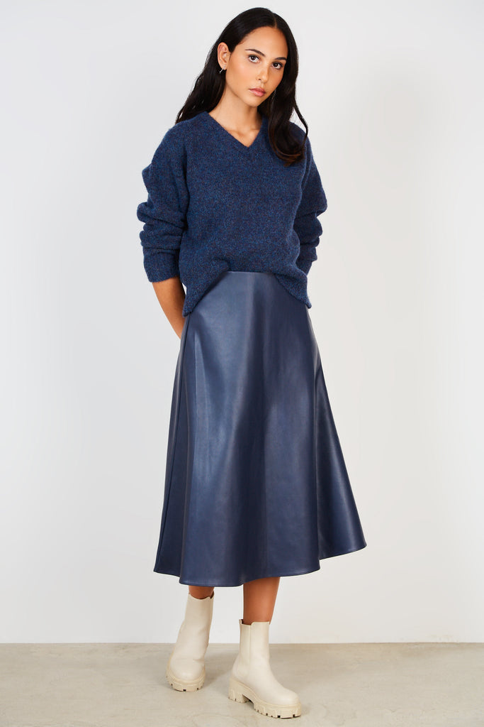 Navy blue vegan leather long skirt_3