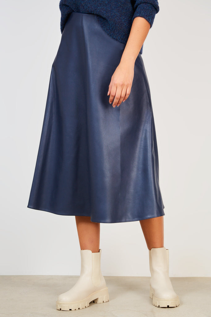 Navy blue vegan leather long skirt_1