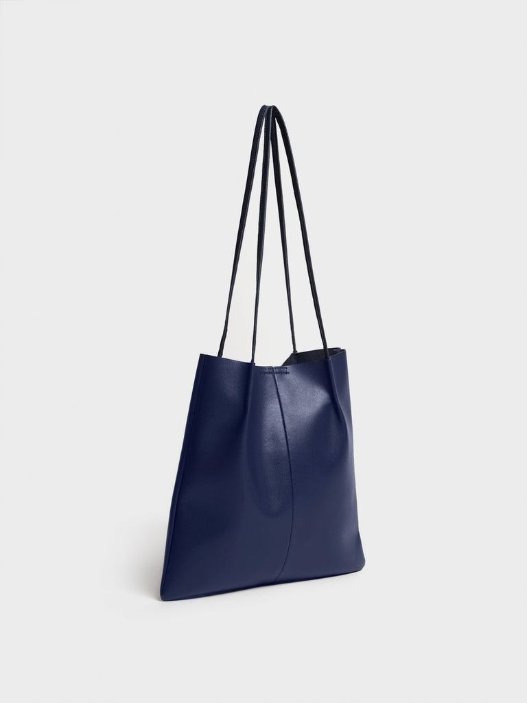 Navy blue vegan leather pinched strap tote bag_5
