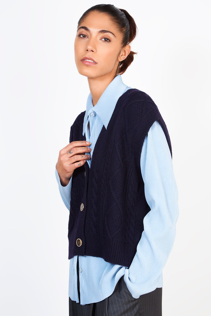 Navy cableknit button up sweater vest_1
