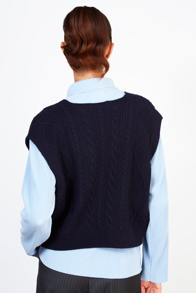 Navy cableknit button up sweater vest_2