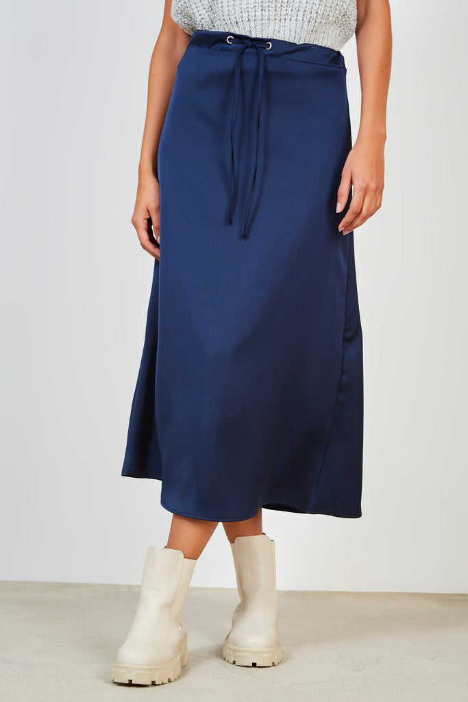 Navy silky tie waist skirt_1