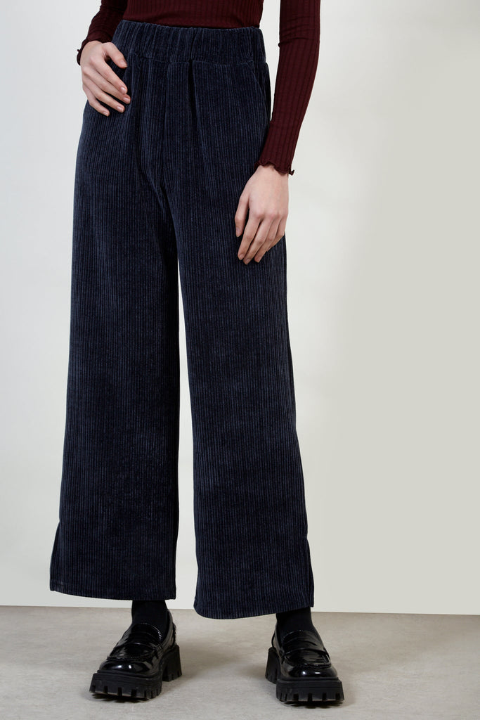 Navy thick ribbed side slit trousers_1