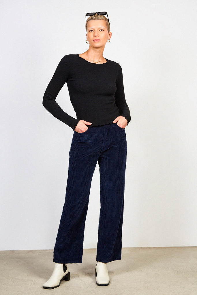 Navy large wale corduroy trousers_3