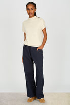 Oatmeal wool blend beige short sleeved mock neck knit top_4