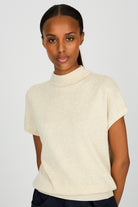Oatmeal wool blend beige short sleeved mock neck knit top_1
