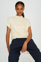 Oatmeal wool blend beige short sleeved mock neck knit top_5