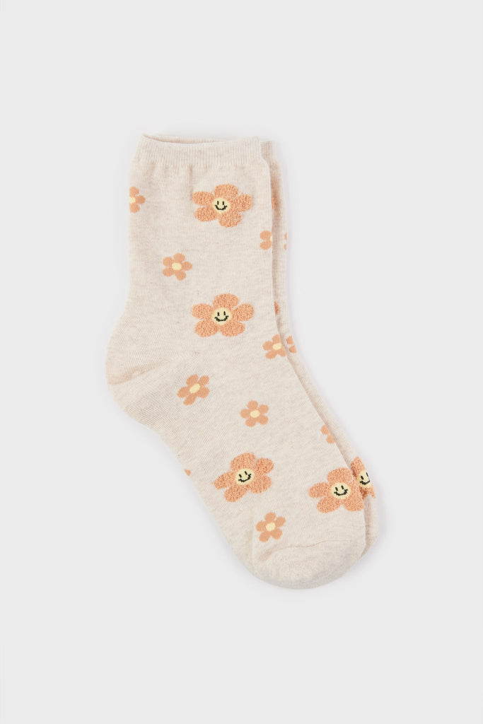 Oatmeal and beige daisy smiley face socks_2