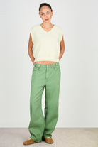 Olive green adjustable waist double button jeans_4