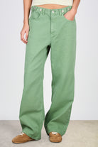 Olive green adjustable waist double button jeans_1