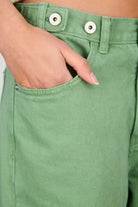 Olive green adjustable waist double button jeans_3