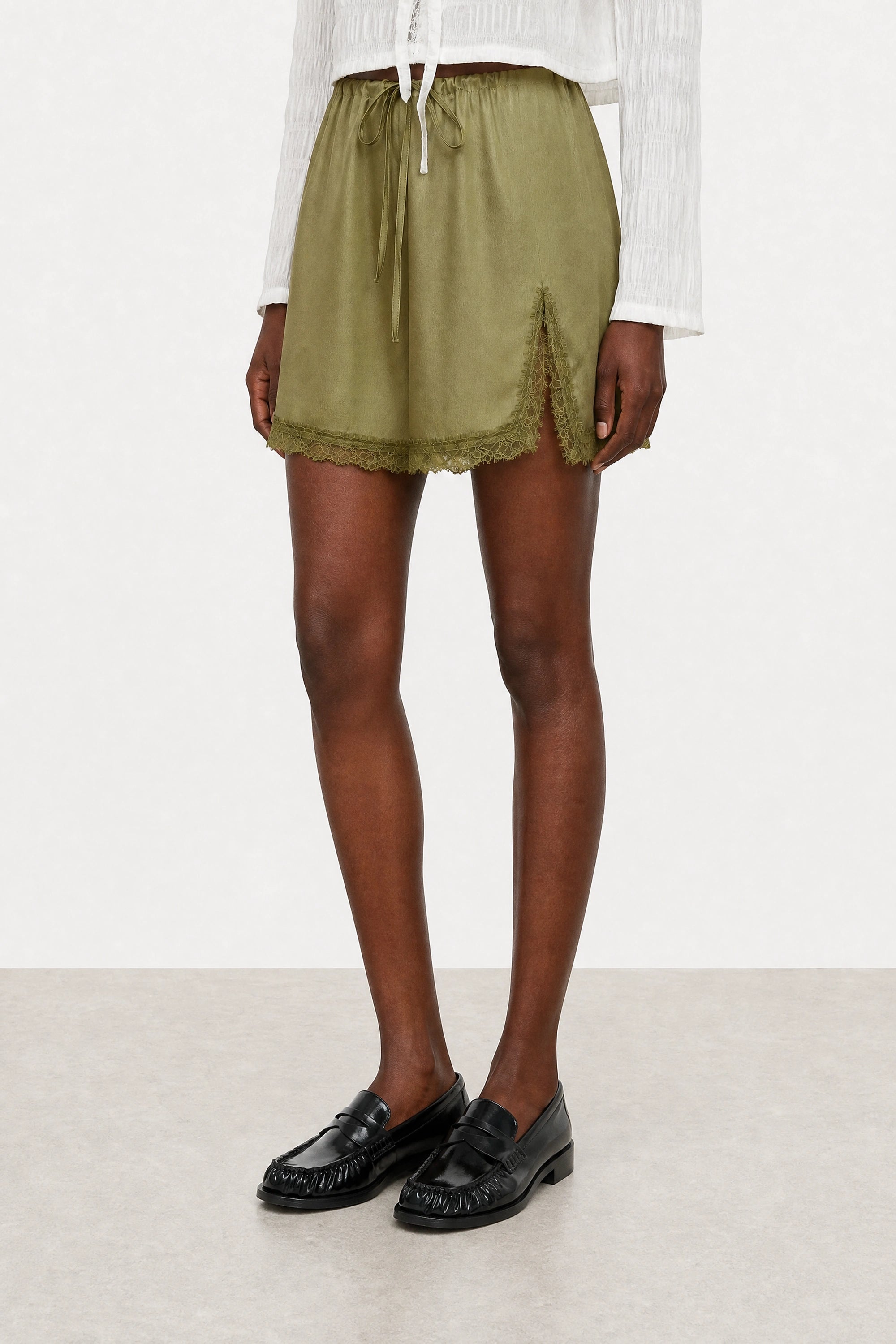 Olive green lace trim mini slip skirt_1