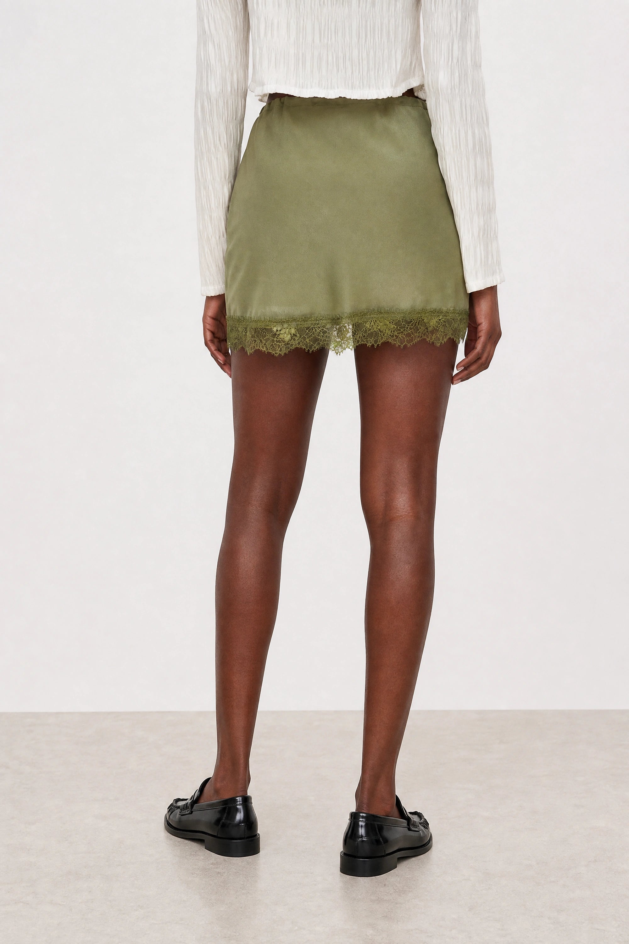 Olive green lace trim mini slip skirt_2