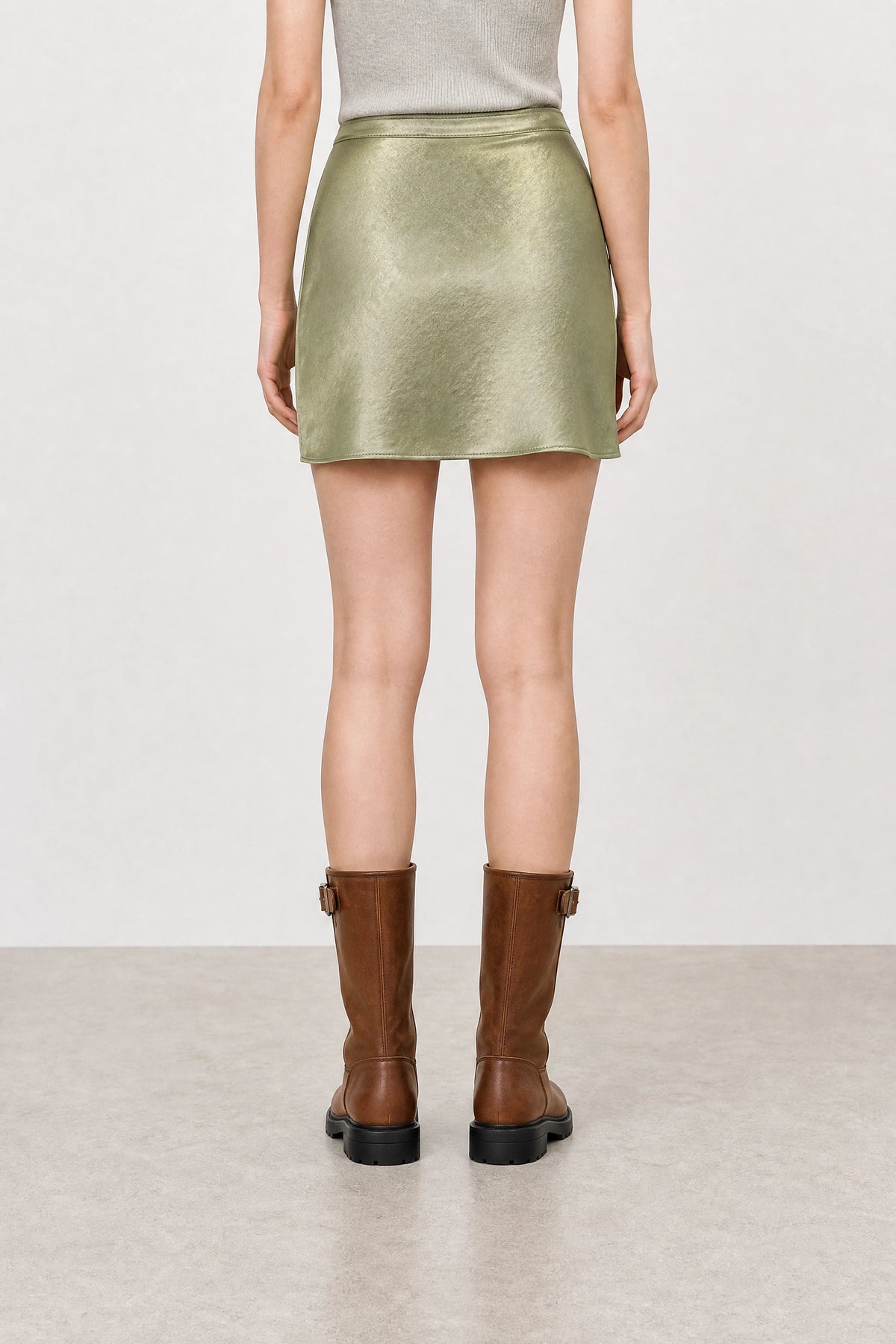 Olive green satin lace trim mini slip skirt_2
