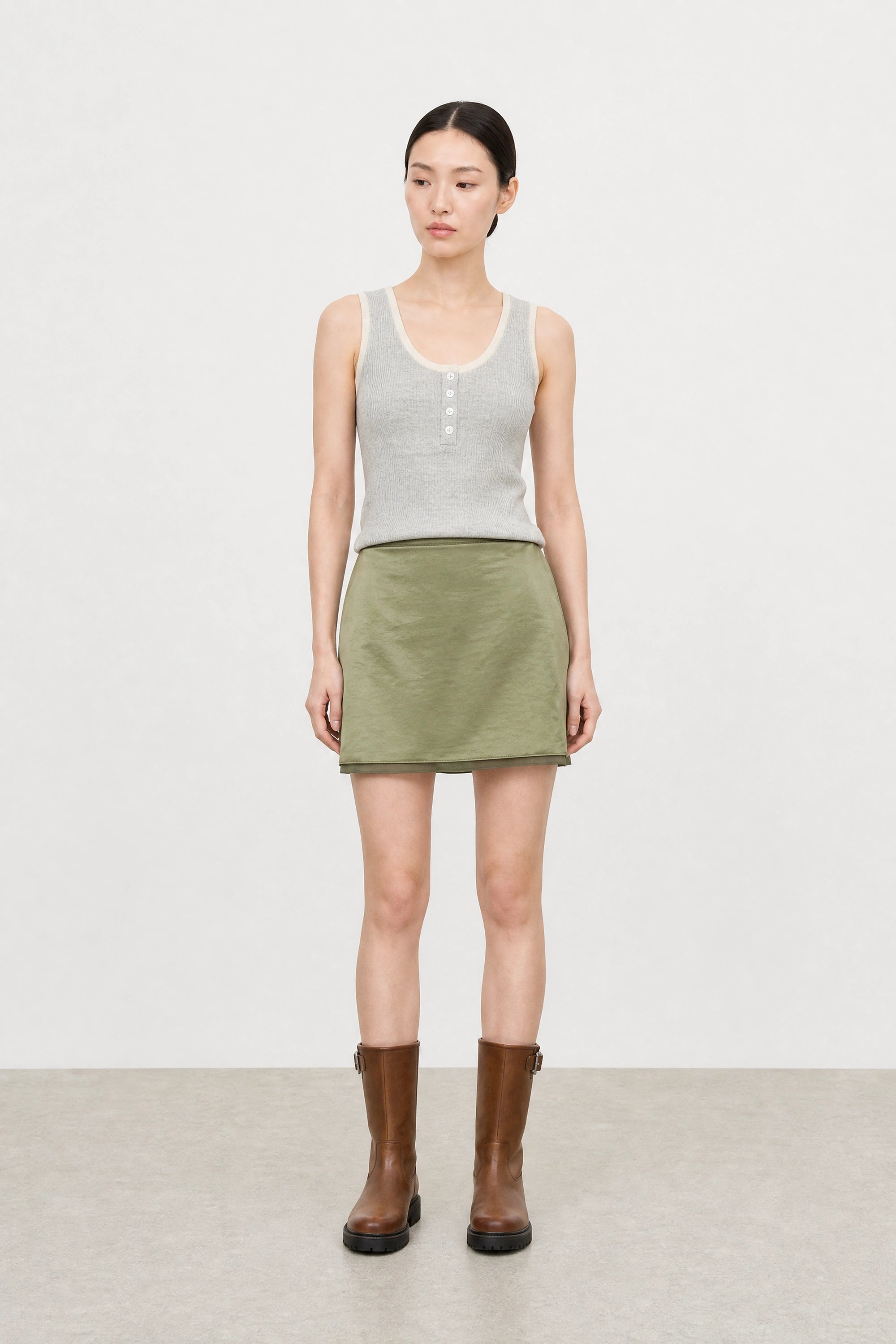 Olive green satin lace trim mini slip skirt_4