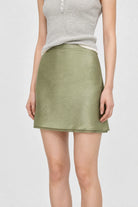Olive green satin lace trim mini slip skirt_3