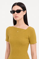 Olive green ribbed asymmetric neckline knit tee_4