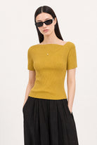 Olive green ribbed asymmetric neckline knit tee_2