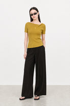 Olive green ribbed asymmetric neckline knit tee_5