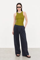 Olive green thin ribbed halter neck knit tank_5